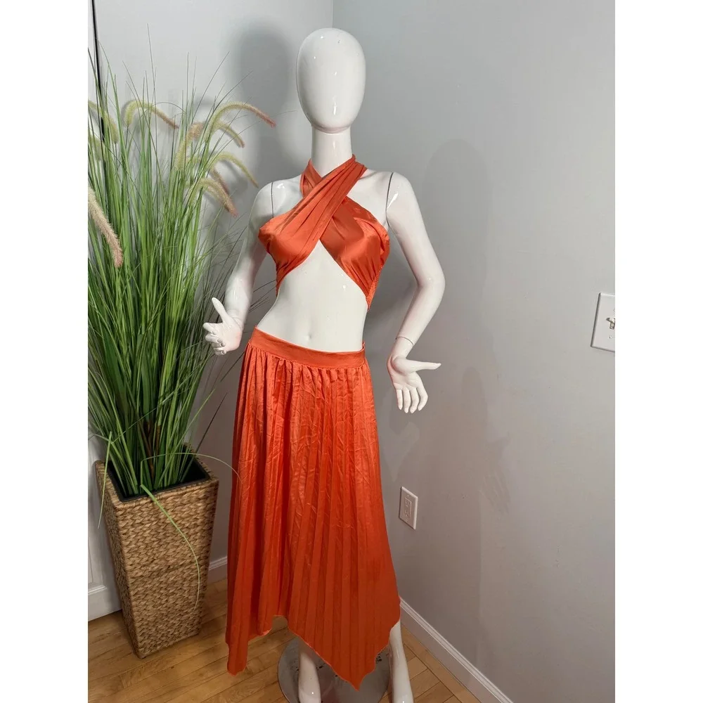 Micas Orange Pleated Two-Piece Halter Skirt Set – Elegant Summer size XL‎